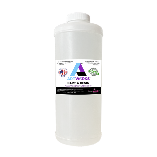 The Craft Attack® is your one stop source for our Artworks ® #1 Best Selling crystal clear resin that is safe, UV resistant, FDA Compliant, non Toxic, and non GMO. Our own chemists designed our crafting resin that is also high heat resistant, perfect for crafting projects, tumblers crafting, counter tops, river tables, coasters, geodes, flooring, tile, wood, DIY projects, pendants, necklaces, surfboard, surfing, marine, boating, wood, tile, floors, earrings, jewelry repairs, etc.